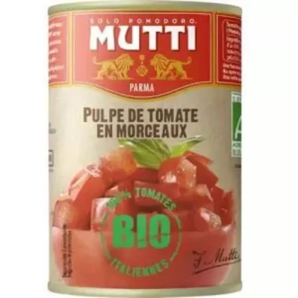 12 × علبة معدنية (400 غرام) من طماطم عضوي مقطعه “موتي”