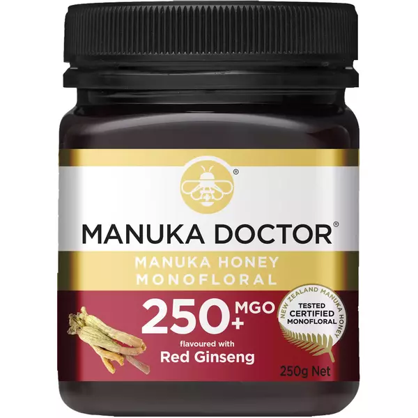 6 × جرة زجاجية (250 غرام) من عسل مانوكا أحادي الزهرة مع الجينسنغ الأحمر - نقي 250+ “مانوكا دكتور”