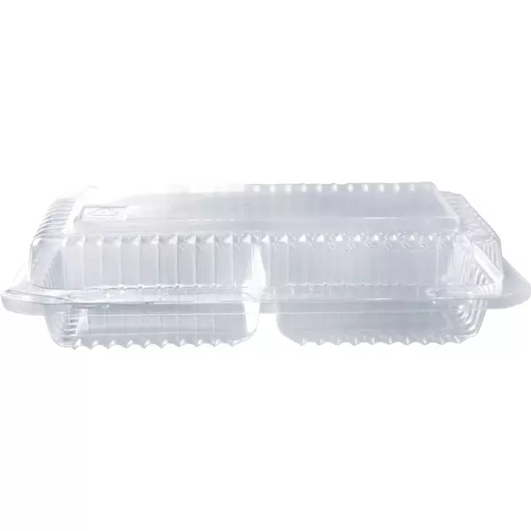 2 × 150 صندوق بلاستيك (34 اونصة سوائل) من وعاء مستطيل شفاف من قسمين مع غطاء مفصلي “شركة إن لاين للبلاستيك”