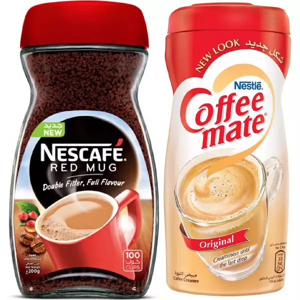 1 × 6 × Glass Jar (190 gm) of Nescafe Red Mug Soluble Coffee “Nescafe” + 1 × 15 × Plastic Jar (400 gm) of Coffee Creamer “Coffee Mate”